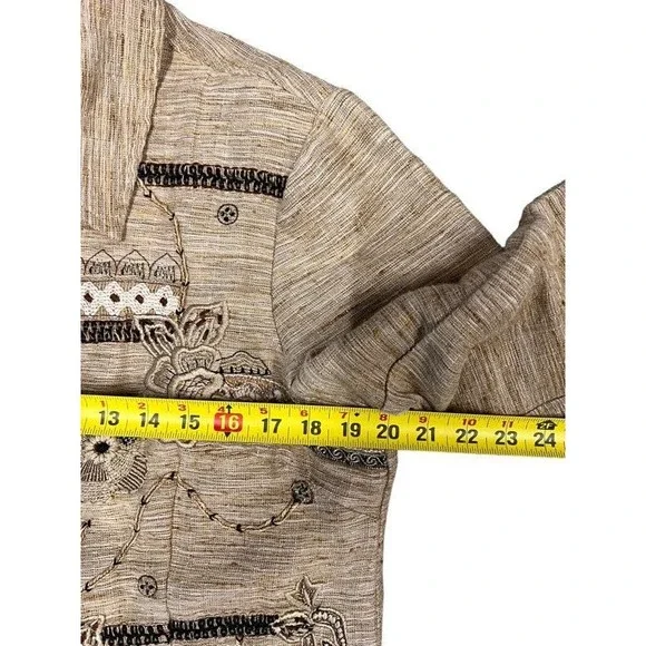 Coldwater Creek Tan Embroidered Floral Western Boho Linen Blazer Jacket Size 10 - Picture 10 of 11